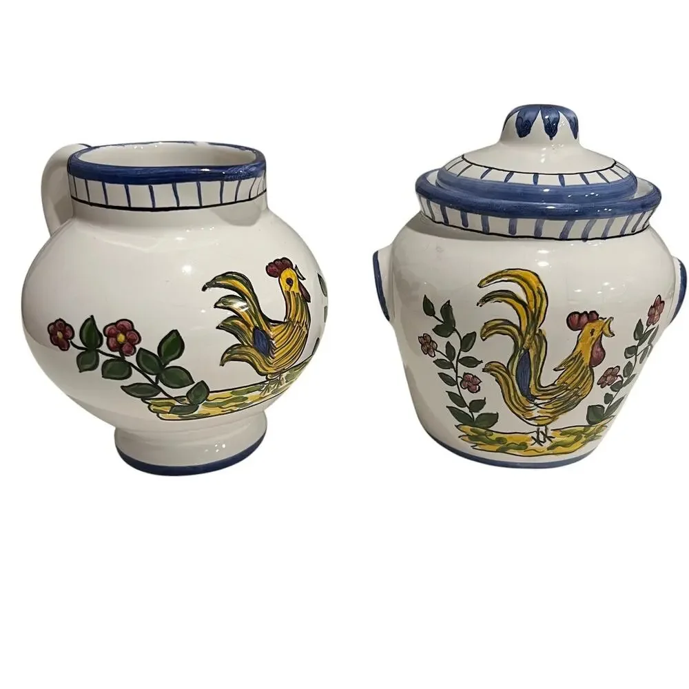 Vintage Hand Painted Casa Fina Portugal Malveira Rooster Creamer & Sugar Galo